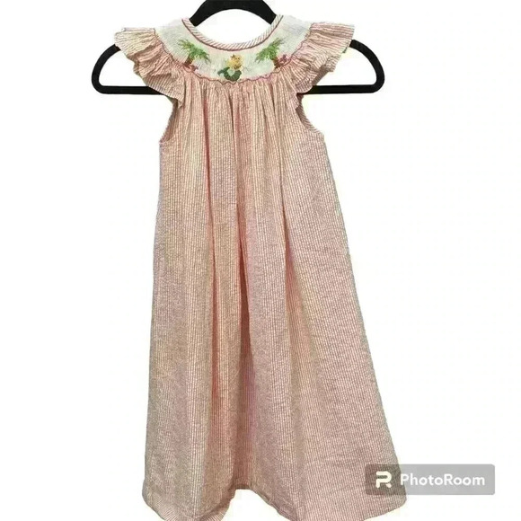 Posh Originals Smocked Seersucker Bishop Long Dress Mermaid Palm Trees Size 6X - Picture 1 of 10